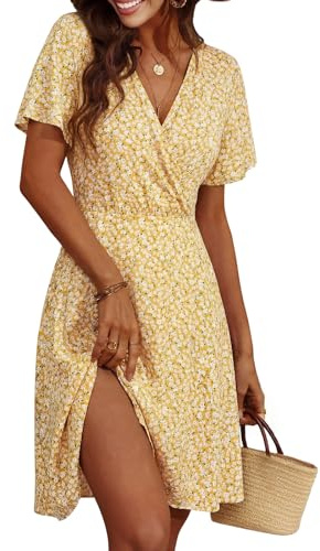 Cicy Bell Abito Estivo da Donna, Lunghezza al Ginocchio, a Maniche Corte, Scollo a V, con Motivo Floreale, Linea ad A, per Il Tempo Libero, Giallo., M