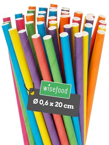Wisefood® Strohhalme Papier [20 cm Ø 6] Party Deko [bunt] alternative Strohhalme Plastik-frei für Geburtstag Hochzeit DIY [100 Stk.] für Cocktail Getränke Cola Energy Drink Wasser Limo BIO