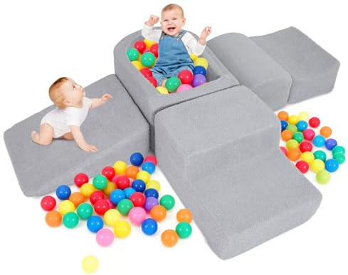 DREAMADE Parcours Motricité Bébé 5PCS avec Housse Lavable, Blocs de Construction avec Piscine à Balles, Module Motricité pour Enfant 3+ Ans, sans Balles (Sherpa,Gris)