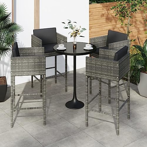 Keeushr Barhocker 4 Stück mit Kissen Grau aus Poly Rattan, Wetterfester Gartenstuhl mit Pulverbeschichtetem Stahlrahmen für Outdoor-Bereich, Bequemer Tresenhocker mit Leichtbauweise