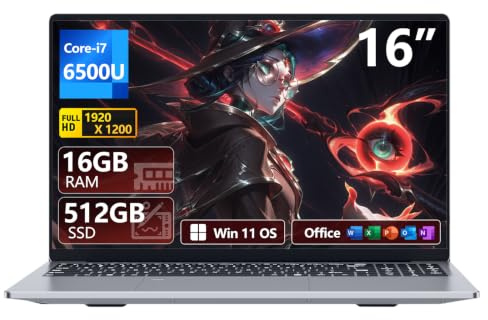 PC Portatile 16 pollici, Notebook Win 11 16GB RAM 512GB SSD, Laptop Core i7 6500U grafica UHD, Computer Portatile Schermo IPS FHD 1920*1200 tastiera numerico retroilluminata/Touch ID, WiFi5/USB 3.0