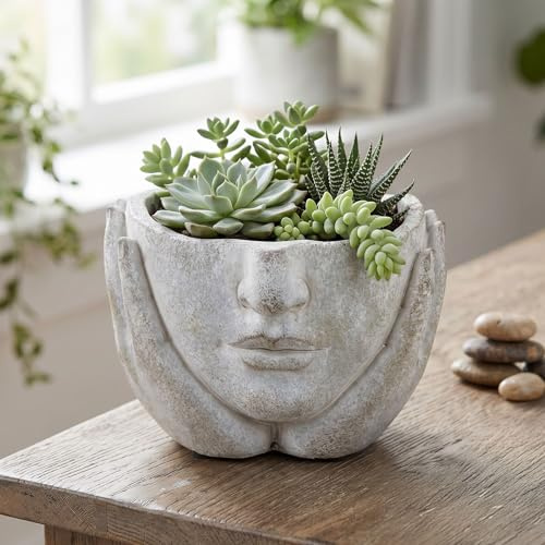 levandeo Blumentopf Gesicht Pflanztopf Beton Grau 12x16cm Vintage Dekotopf Kopf Skulptur Pflanzgefäß Antik Optik