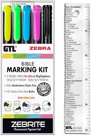 G.T. Luscombe Company, Inc. Zebrite Bible Marking Kit | No Bleed Pigmented Ink | No Fading or Smearing | Double Ended Highlighters, Note Pen & Books of the Bible Ruler/Bookmark (Set of 5 + Ruler)