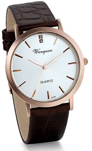 JewelryWe Montres Homme Quartz Bracelet Cuir Alliage Classique Cadran Strass Faux Diamant Coque Rose Or Couple Amoureux Couleur Brun