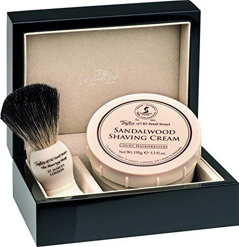 Taylor Geschenkset Holzdose, Rasiercreme Sandelholz 150g, Rasierpinsel Dachshaar