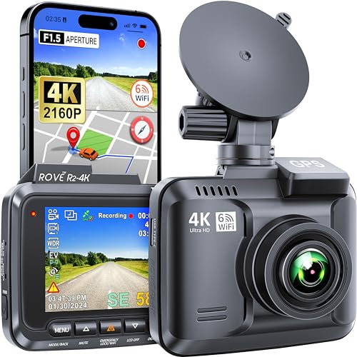 ROVE R2-4K Dash Cam WiFi GPS Car Camera Ultra HD 2160P In Car DVR Dashboard Camera Recorder with 150° Wide Angle, Super Night Vision, G-Sensor, Parking Mood, Time Lapse
