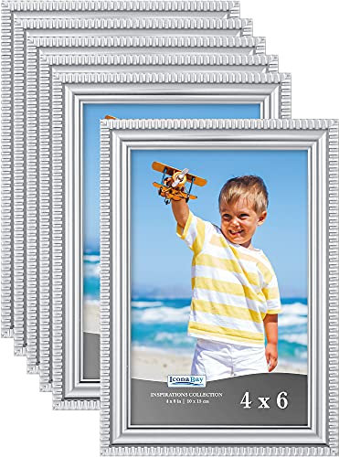 Icona Bay 6x4 inch Picture Frames (Silver, 6 Pack) Beautifully Detailed Moulding, Contemporary Picture Frame Set, Wall Mount or Table Top, Inspirations Collection