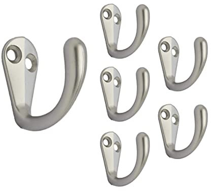 QCAA Premium Quality Single Prong Robe Hook Hanger, Zinc Die Cast, Matte Nickel, Made in Taiwan, 6 Pack