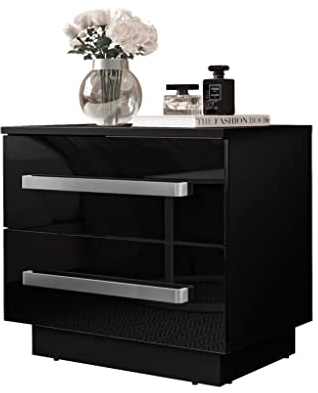 lukmebel Nachttisch LINA 55x50x37 cm- LED Beleuchtung - Nachtkästchen - Schwarz/Schwarz Hochglanz - Aluminiumgriffe - Nachtschrank - Beistelltisch mit Schublade - Schlafzimmerschrank
