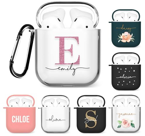 Tirita Personalised Custom Case Compatible with Apple AirPods 1st and 2nd generation, Support Wireless Charging, with Carabiner, Front LED Visible [08- Rose Gold Monogram]