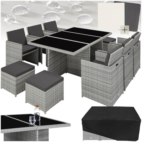 tectake® Salon de Jardin Exterieur en Résine Tressée Poly Rotin Salon de Jardin Table 10 Personnes Fauteuil Exterieur Encastrable Aluminium, 2 Sets de Housses + Housse de Protection – Gris Clair