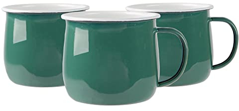Argon Tableware Coloured Coffee Mugs - 375ml - Pack of 6 - Green Metal Insulated Enamel Mugs Lightweight Camping Belly Latte Mug Hot Chocolate Mug