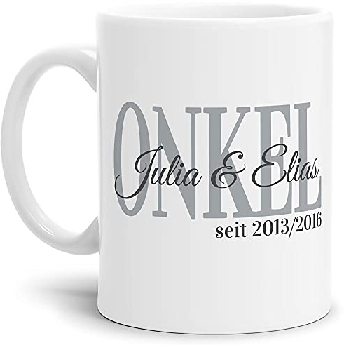 Tasse - Onkel seit - zum selbst Gestalten mit Kindernamen und Geburtsjahren - Geschenk für den besten Onkel - Keramiktasse, Weiß Matt, 300 ml
