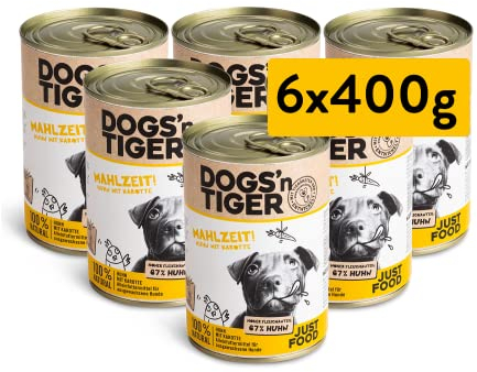 Dogs’n Tiger Adult Premium Nassfutter für Hunde, Mahlzeit, Hunde Nassfutter, tiergerechte Rezeptur mit 67% Fleischanteil an Huhn, Leinsamenöl & Kräuter – ohne Zucker & künstliche Aromen, 6X 400g
