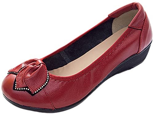Jamron Women Genuine Leather Comfort Shoes Soft Sole Ballerinas Low Wedge Heel Slippers Burgundy SN070358 UK5.5
