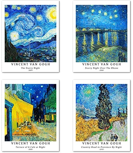 Berkin Arts Kunstdruck Ungerahmt Landschaft Bilder Set von 4, Poster Größe: 20x25 cm Premium Kunstpapier Wanddeko Blue Starry Night Aesthetic Passenden Kinderzimmer Deko Vincent Van Gogh Prints