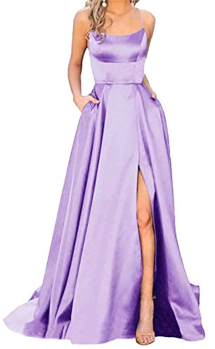 Hahaemma Robe Longue Élégante en Satin pour Femme - Ligne A, Dos Nu, Avec Poches - Parfait Comme Spaghetti, Princesse, Demoiselle d'Honneur - Violet/Transparent, XXL