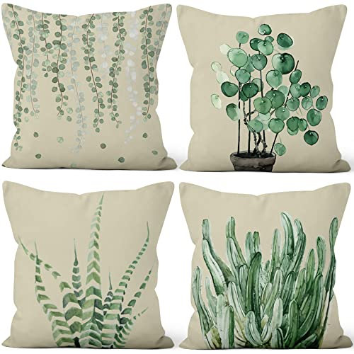 Aoihrraan Fundas de Cojines Juego de 4, Patrón De Plantas Verdes Tinta Pintura Planta Cactus Cuadrado Corto Felpa Suave Funda De Almohada para Sofá Dormitorio Silla Coche Decoración del Hogar 40x40cm