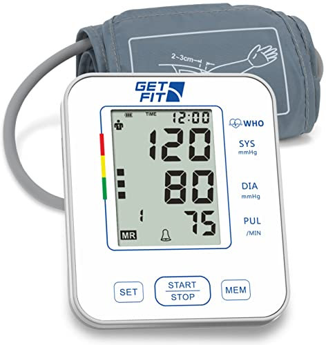 Get Fit Blood Pressure Monitor CE Approved UK for Home Use - Medical Upper Arm Blood Pressure Machine - Heart Rate Monitor - Hypertension Detector - Adjustable 22-42cm Large Adult Cuff - LCD Display