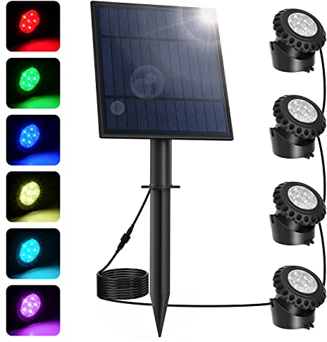 NATPOW Lumières LED Submersible Solaire, 2 Modes Spot Piscine RGB, 5.5V Changement de Couleur Éclairage de Piscine, IP68 Etanche Lampe Solaire pour Aquarium, Jardin, Piscine, Fontaine, Étang (4 en 1)