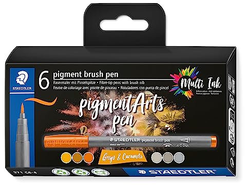 STAEDTLER brush pen pigment Arts, greys & caramels, Premium-Zeichentusche, Pinselspitze für variable Linienbreite, wasserfest, 6 brush pens in sortierten Farben im Kartonetui, 371 C6-4