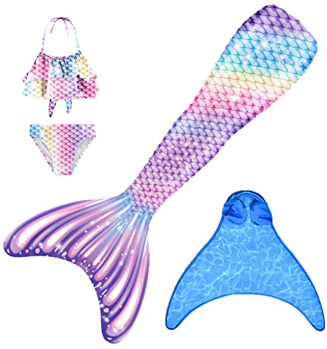 FOLOEO Meerjungfrauenflosse Mädchen Meerjungfrau Flosse Badeanzug Kinder zum Schwimmen mit Monoflosse und Bikini Set für Kinder, 4 Stück Set