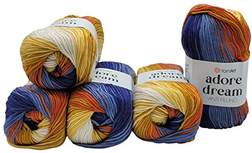 5 x 100 Gramm Ilkadim Export Adore dream antipilling Strickgarn, Wolle mehrfarbig, 500 Gramm Farbverlauf Strickwolle (blau gelb orange weiss 1065)