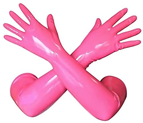 Women's Latex Rubber Arm Long Mittens Fingered Gloves,Pink,L-0.6mm