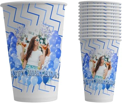 Personalised Paper Photo Cups 50 Pack - 12 Oz (300 ml) Cups - Birthday Party Cups Tableware Decorations for Parties - Disposable Recyclable - Add Own Photo and Text - Balloons - Blue