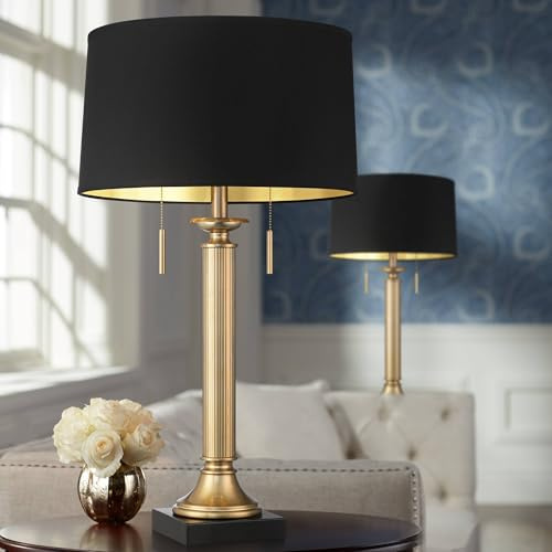 Possini Euro Design Wynne 30 Tall Large Traditional Glam Luxe End Table Lamps Set of 2 Dual USB Ports Gold Metal Linen Black Shade Living Room Charging Bedroom Bedside Nightstand House Office Home