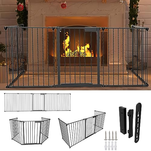Joparri 2X Kaminschutzgitter mit Tür 310 cm Metall Ofenschutzgitter Laufgitter Laufstall Absperrgitter Tierschutzgitter Türschutzgitter für Kinder-Sicherung, 5 tel (je 65 x 75 cm) Schwarz