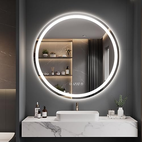 Dripex Badspiegel mit Beleuchtung Rund Led Spiegel mit Uhr und Touch-Schalter, Dimmbar, 3 Lichtfarbe Einstellbare Runder Badezimmerspiegel mit Beleuchtung, Beschlagfrei 70x70 cm
