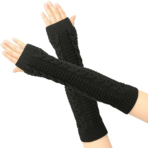 SUNTRADE Fingerlose Handschuhe für Damen, Winter, gestrickt, Daumen, Ellenbogen, Armstulpen (Schwarz)