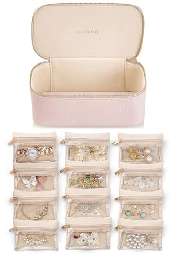 Vlando Teacher Gifts for Women,Jewelry Box with 12 Velvet Jewelry Bags Travel Jewelry Case for Girls Jewelry Organizer for Travelers Birthday Gift Ideas for Women (Pink)