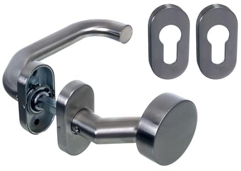 NAJDER Türknauf-Set aus Edelstahl A2-AISI 304, flach, mit Wölbung, Garnitur mit Griff und Knauf, beweglich, ovale Rosette, 2 Platten für Knöpfe und Schlösser
