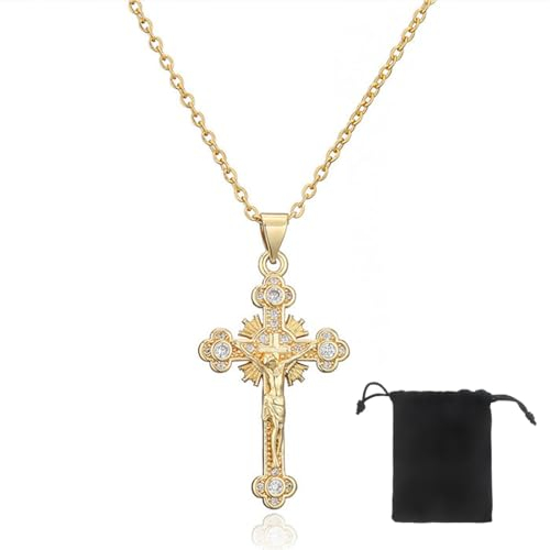 VJUYSW Damen Gold Kreuz Kette, Damen AAA Zirkonia Kreuz Anhänger, Hypoallergene 18K Vergoldete Kette, Modeschmuck für Frauen Mädchen Geschenk