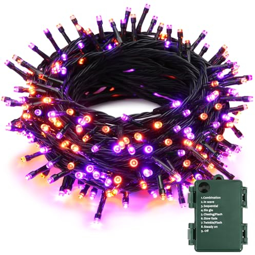 PhilzOps Halloween Decorazioni Luci, 20M 200 LED Natalizie Catena Luminosa Viola Arancia Esterno a Batteria 8 Modalità Impermeabile Stringa Lucine Decorative per Ringraziamento Casa Festa Albero