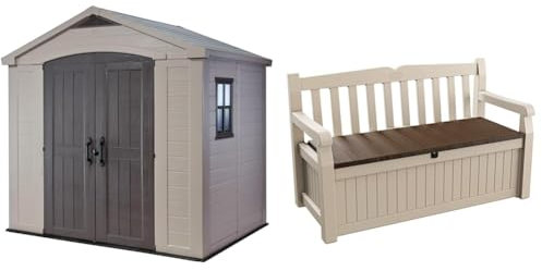Keter Factor 8 x 6 ft Outdoor Storage Shed, Beige/Brown & Eden Bench 265L Outdoor 60% recycled Garden Furniture Storage Box Beige