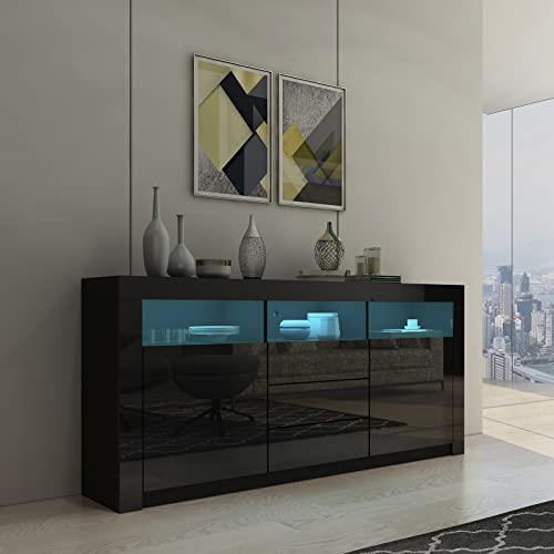 160cm Sideboard Wohnzimmer Anrichte Schrank Hochglanz Highboard mit 2 Türen 3 Schubladen und LED Beleuchtung TV Lowboard für Esszimmer Schlafzimmer Schwarz