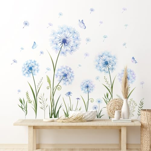 Tanlaby Blau Löwenzahn Wandaufkleber Pflanzen Schmetterling Wandsticker Blüten Pusteblumen Wandtattoo Selbstklebende Abnehmbare Wanddeko für Kinderzimmer Wohnzimmer Schlafzimmer Flur Wanddeko