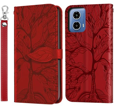 Rostsant Coque Motorola Moto G34 5G Arbre en Relief Housse en Cuir PU Motorola Moto G34 5G Étui à Fermeture Magnétique Portefeuille Étui à Rabat pour Motorola Moto G34 5G Rouge