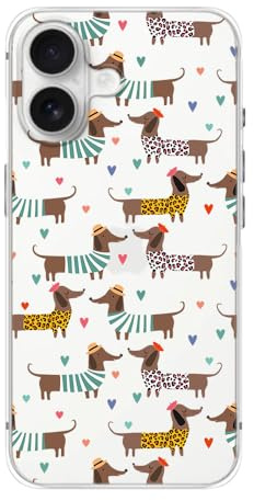 Blingy's for iPhone 16 Case, Adorable Dachshund Dog Style with Hearts Pattern Cute Animal Design Transparent Soft TPU Protective Clear Case (6.1 inch) (Dachshunds in Shirts)