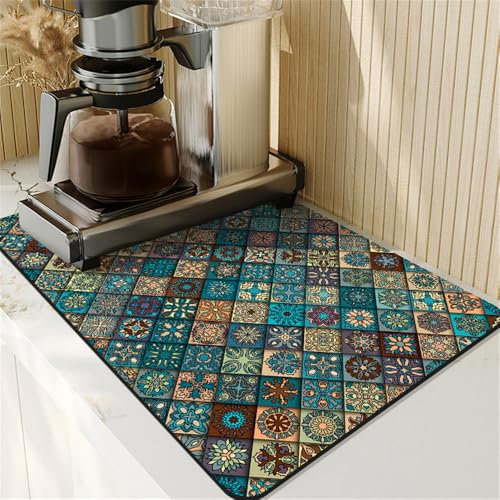 Morbuy Dish Drying Mat Coffee Absorbent Drainer Mat Diatomaceous Earth Kitchen Sink Mats for Counter, Ceramic Tile Print Washable Non Slip Draining Mat, Dish Drying Pad (Mandala,11.8x15.7 in)