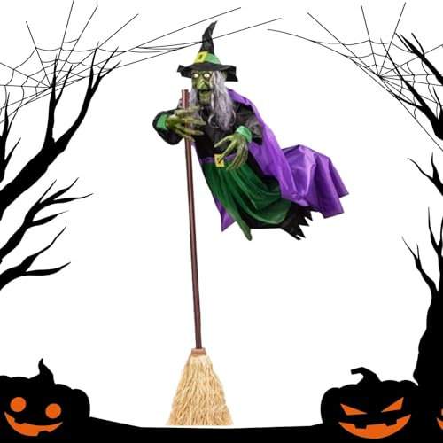 Flying Witch on Broom Halloween Decor, 70inch Outdoor Decoration With Scary Sounds and Lights for Garden, Yard, Lawn Outside