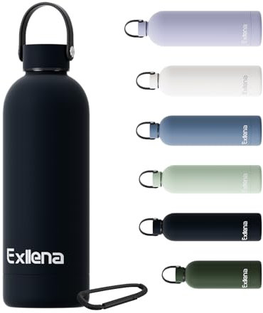 Exllena Botella de agua pequeña de 350 ml, 350 m para bolso, botella de bebidas pequeñas con tapa de asa y mosquetón, vacío de doble pared que mantiene las bebidas frías 24 horas/calientes 12 horas