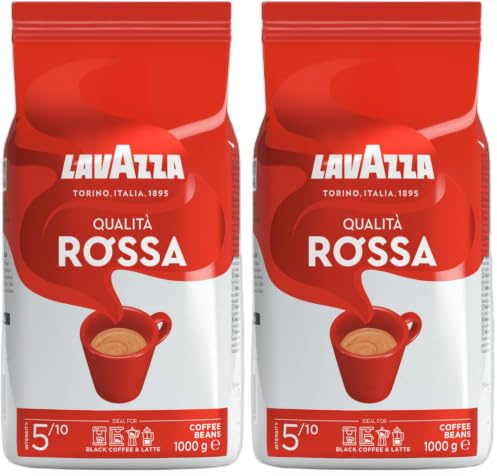 Lavazza, Qualità Rossa, Coffee Beans, with Aromatic Notes of Chocolate and Dried Fruit, Arabica and Robusta, Intensity 5/10, Medium Roasting, 1 Kg (Pack of 2)