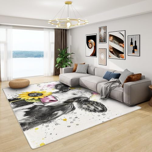 Teppich Kinderzimmer Kuh - Teppich Wohnzimmer Schlafzimmer Niedliche Kuh, Großer Teppich Sonnenblumen, Weich Kurzflor & Waschbar & rutschfest Wohnzimmerteppich, Kinderteppich, 160x230 cm