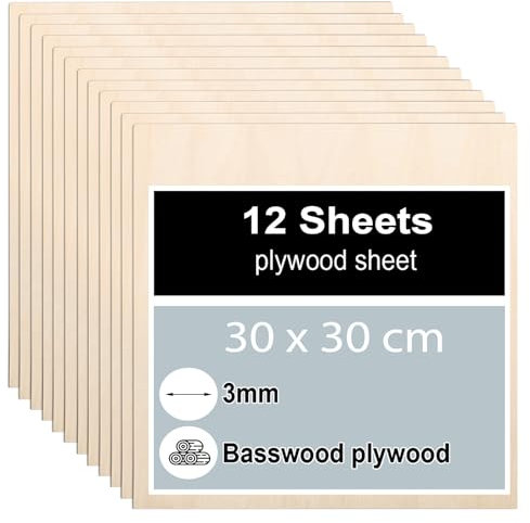 12 Stück Sperrholzplatte 3mm, Sperrholz 30 x 30 cm, Linde Sperrholz, Dünne Holz-Zuschnitte, Holzplatten für für DIY Holzarbeiten, Laserbearbeitung, Brandmalerei, Modellbau, Deko, Gemälde