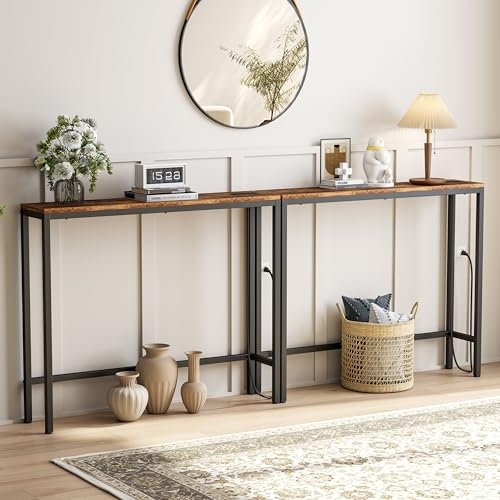 Flycity Konsolentisch mit Ladestation, 2×100cm Schmaler Console Table, 2 Steckdosen, 2 USB-Anschlüsse, Beistelltisch Holz, Flurtisch, Kleiner Tisch für Wohnzimmer, Eingang, Vintagebraun