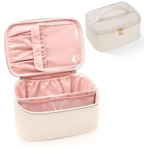 Aucuu Groß Kosmetiktasche für Damen, Groß Make up Tasche, Reise Schminktasche, Leder Tragbare Kulturbeutel, Cosmetic Bag mit Griff & Teiler, Kosmetische Tasche, Wasserdicht Kosmetiktasche für Mädchen